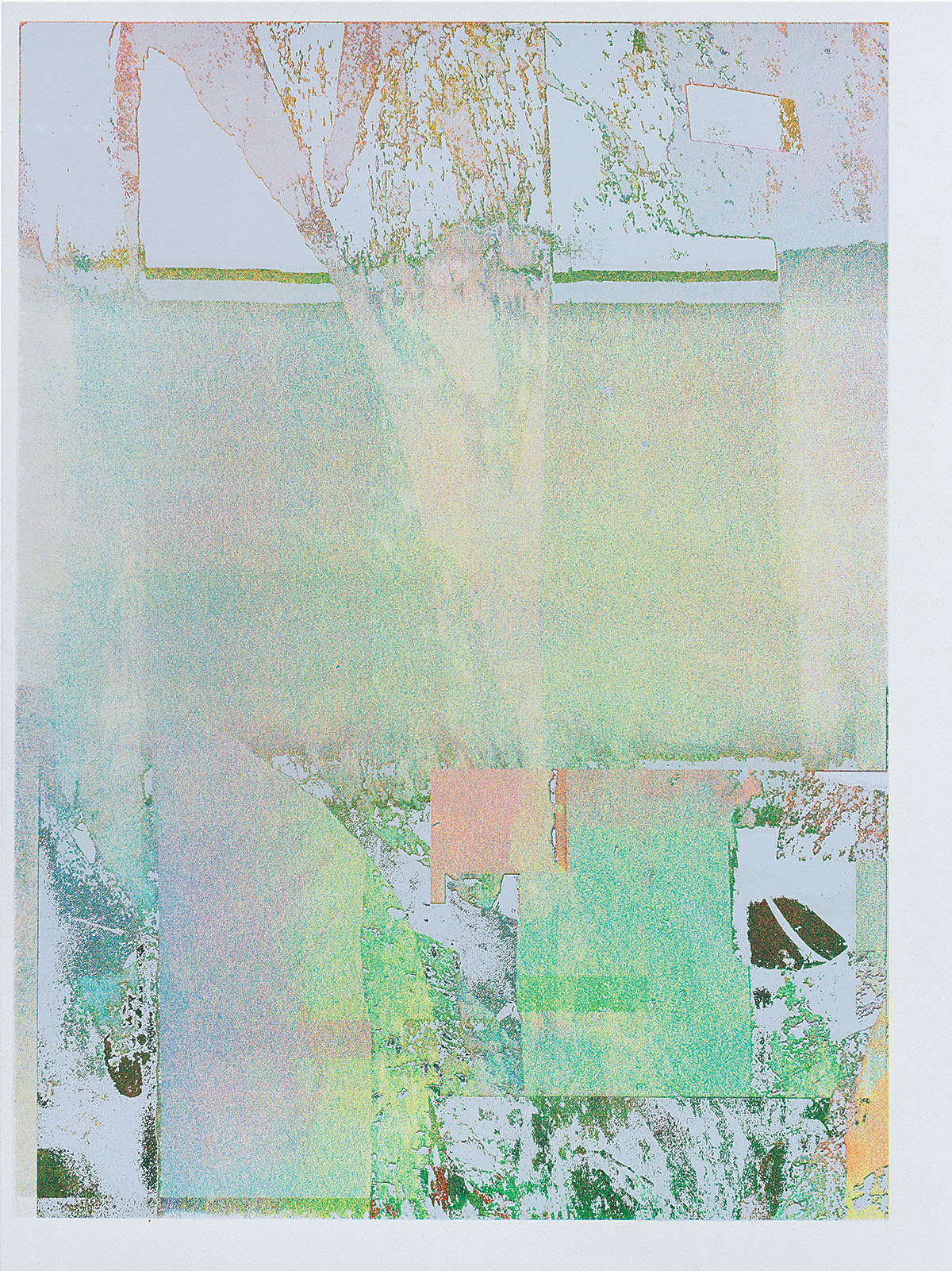 <p>Shallow Perspective<br />
by Sonnenzimmer<br />
2021<br />
6-color screen print with UV spot<br />
varnish<br />
18 × 24 inches<br />
edition of 38<br />
—<br />
ID: A hazy green tinted abstraction, with<br />
grey organic shapes hovering just<br />
above an atmospheric colorfield. The<br />
barely visible colorfield image<br />
resembles an aerial landscape and and<br />
the flat grey shapes resembled cloud<br />
systems.</p>