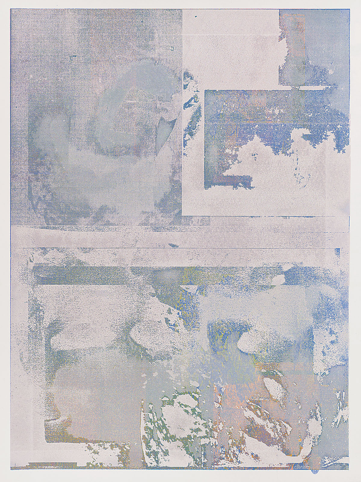 <p>Residue of Proportions<br />
by Sonnenzimmer<br />
2021<br />
8-color screen print with puff additive<br />
18 × 24 inches<br />
edition of 34<br />
—<br />
ID: A vaguely segmented abstraction<br />
primarily gray and blue in nature. The<br />
blue undercurrent is obscured by a<br />
heavily textured gray layer that<br />
obscures it. The resulting image teeters<br />
between active movement and textured<br />
ware. Like other works in the series, it is<br />
vaguely reminiscent of an aerial<br />
landscape.</p>