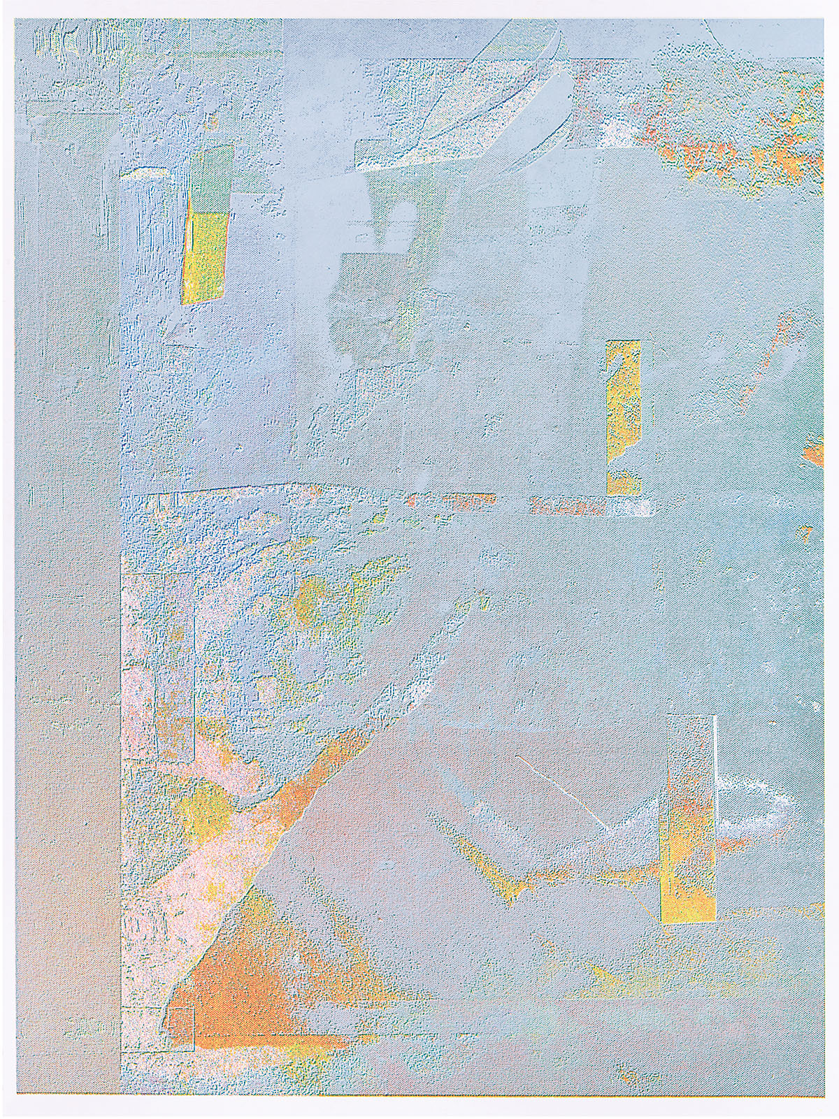 <p>Edge Definition<br />
by Sonnenzimmer<br />
2021<br />
5-color screen print<br />
18 × 24 inches<br />
edition of 34<br />
—<br />
ID: This primarily gray-blue image<br />
replicates a heavily worn surface. There<br />
is no clear focal point, only spikes of<br />
yellow and orange that emerge from<br />
beneath the primarily gray-blue<br />
foreground.</p>