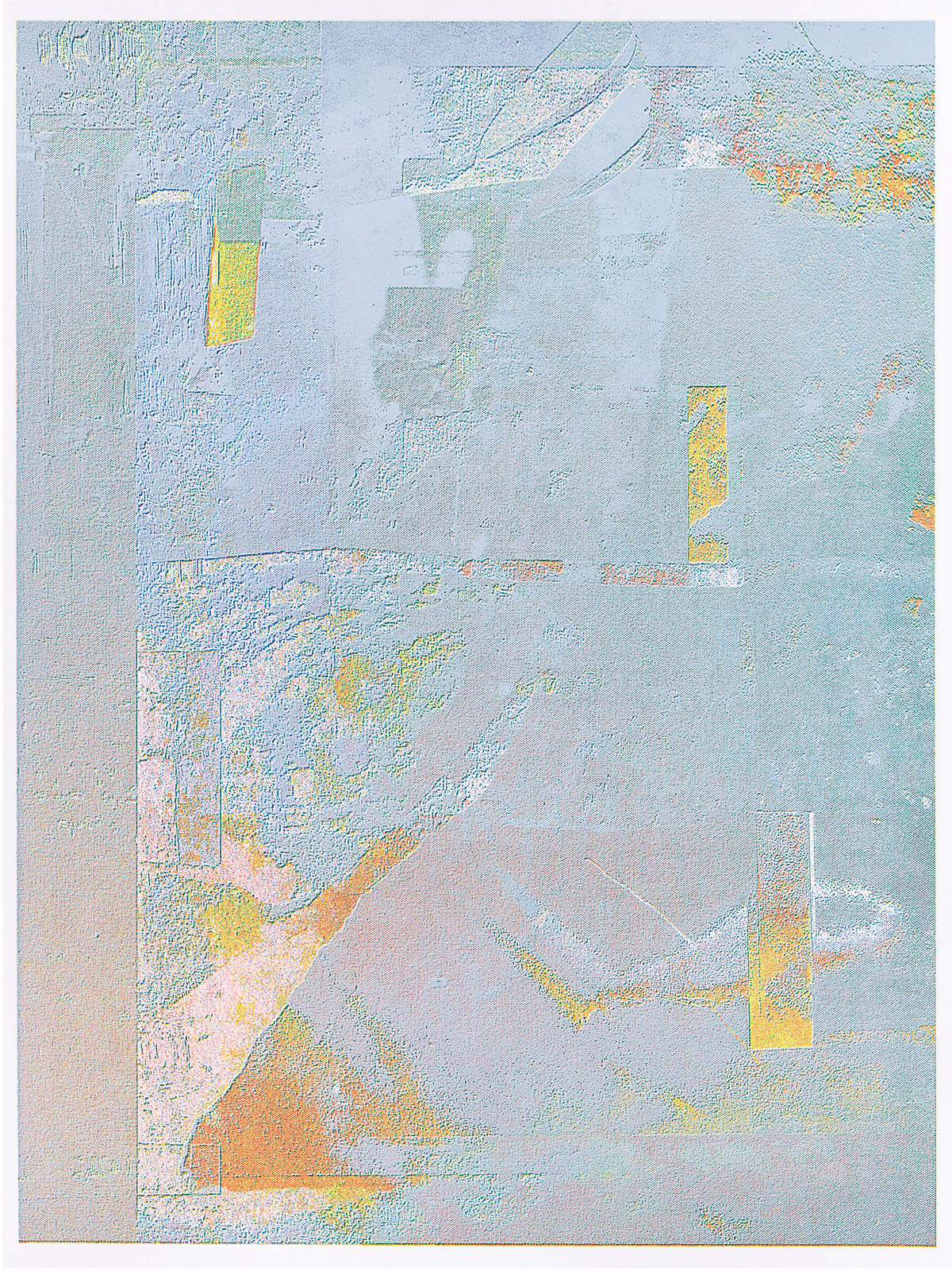 <p>Edge Definition<br />
by Sonnenzimmer<br />
2021<br />
5-color screen print<br />
18 × 24 inches<br />
edition of 34<br />
—<br />
ID: This primarily gray-blue image<br />
replicates a heavily worn surface. There<br />
is no clear focal point, only spikes of<br />
yellow and orange that emerge from<br />
beneath the primarily gray-blue<br />
foreground.</p>